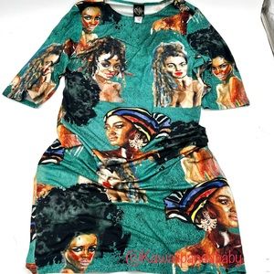 Teal Blue Green Afrocentric Naturalista Midi Bodycon Stretchy Long Sleeve Dress